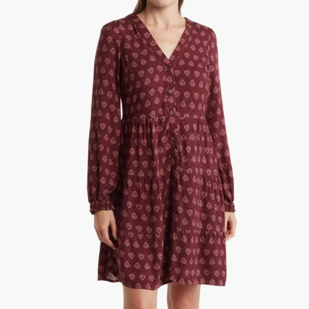 Lucky Brand Wine Purple Pink Print V-Neck Button Front Long Sleeve Tiered Dress
